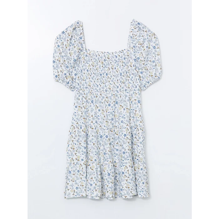 LCWAIKIKI Classic Ekru Kare Yaka Çiçekli Balon Kollu Elbise