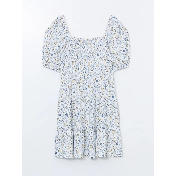 LCWAIKIKI Classic Ekru Kare Yaka Çiçekli Balon Kollu Elbise