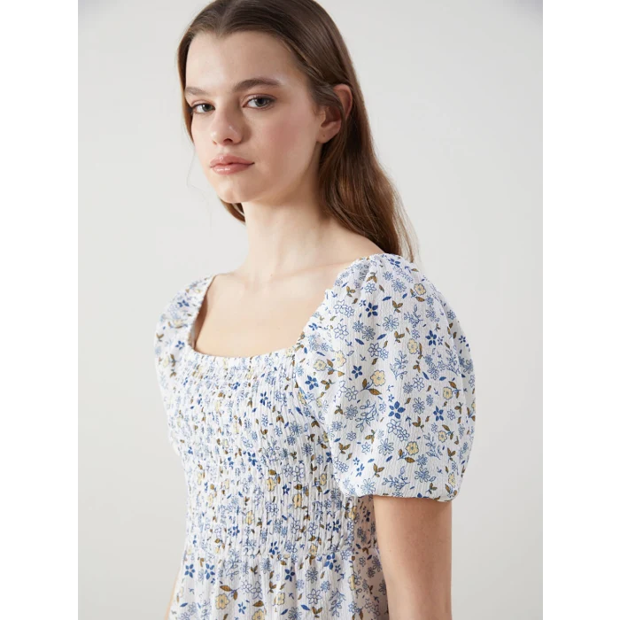 LCWAIKIKI Classic Ekru Kare Yaka Çiçekli Balon Kollu Elbise