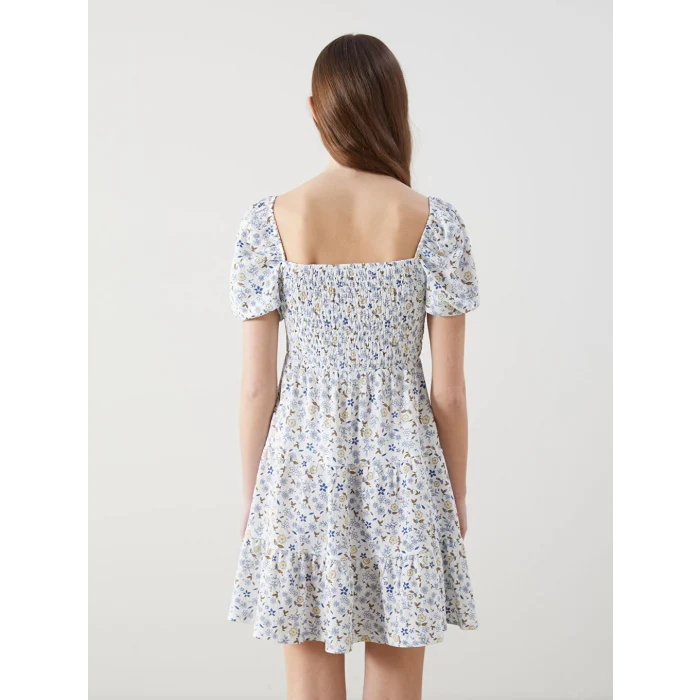 LCWAIKIKI Classic Ekru Kare Yaka Çiçekli Balon Kollu Elbise