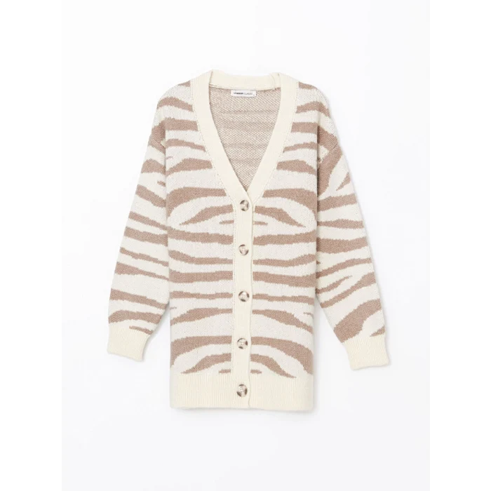 LCWAIKIKI Classic Ekru V Yaka Zebra Desenli Kadın Triko Hırka