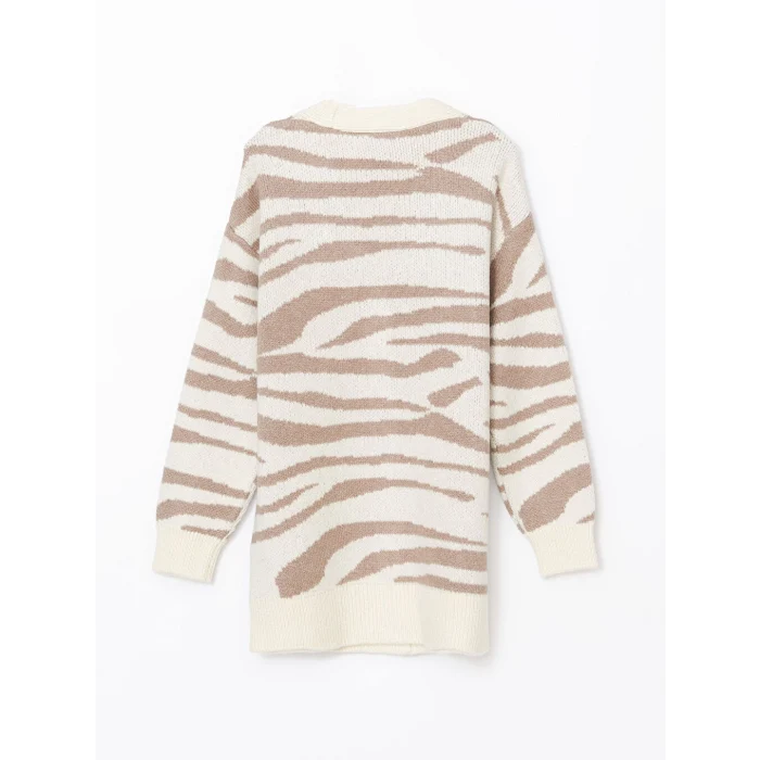 LCWAIKIKI Classic Ekru V Yaka Zebra Desenli Kadın Triko Hırka
