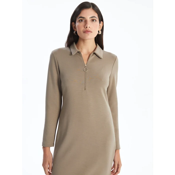 LCWAIKIKI Classic Kahverengi Gömlek Yaka Kadın Elbise