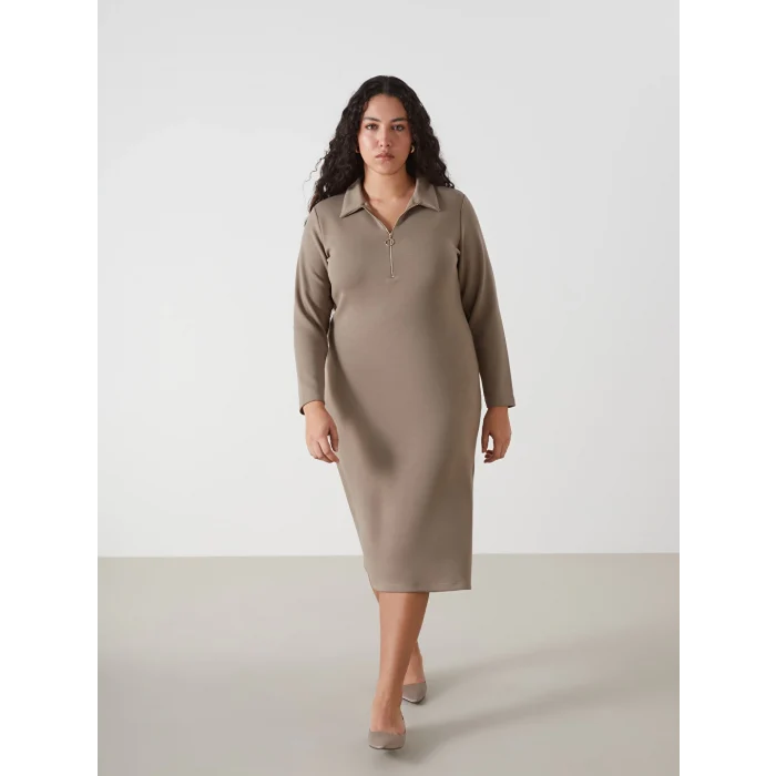 LCWAIKIKI Classic Kahverengi Gömlek Yaka Kadın Elbise