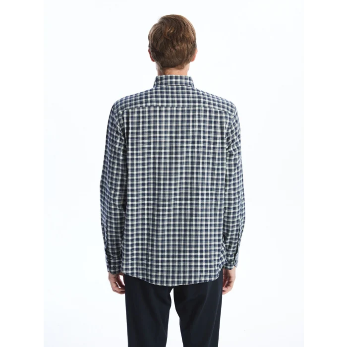 LCWAIKIKI Classic Lacivert Düğmeli Yaka Ekose Regular Fit Erkek Gömlek