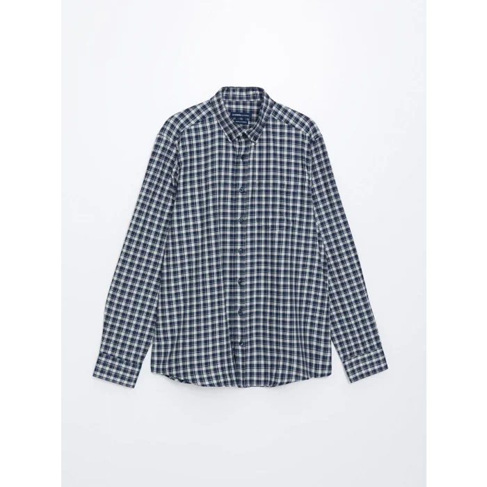 LCWAIKIKI Classic Lacivert Düğmeli Yaka Ekose Regular Fit Erkek Gömlek