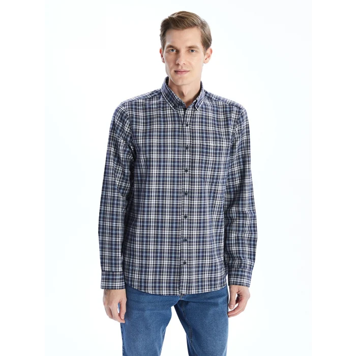 LCWAIKIKI Classic Lacivert Regular Fit Uzun Kollu Ekose Erkek Gömlek