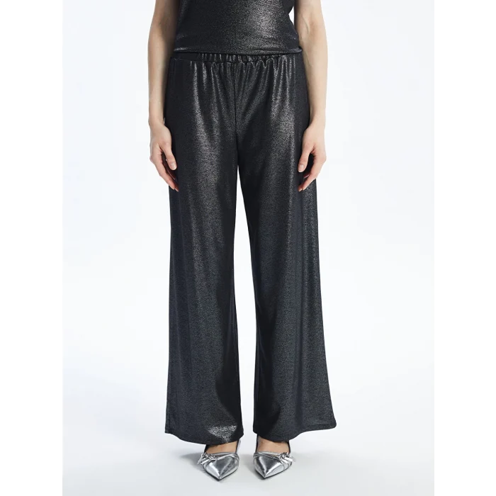 LCWAIKIKI Classic Siyah Beli Lastikli Düz Geniş Paça Kadın Metalik Pantolon