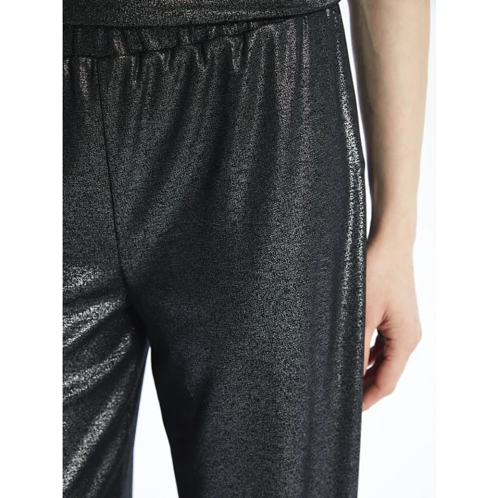 LCWAIKIKI Classic Siyah Beli Lastikli Düz Geniş Paça Kadın Metalik Pantolon