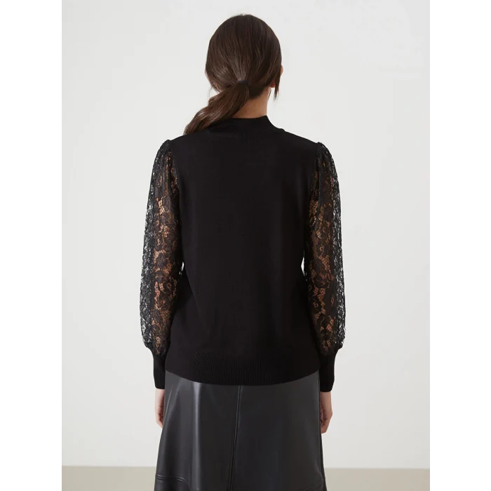 LCWAIKIKI Classic Siyah Yarım Balıkçı Yaka Dantel Detaylı Kadın Triko Kazak