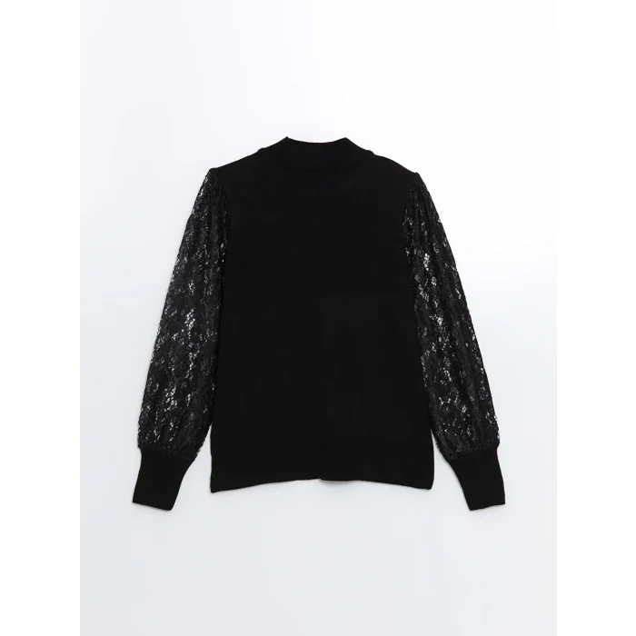 LCWAIKIKI Classic Siyah Yarım Balıkçı Yaka Dantel Detaylı Kadın Triko Kazak