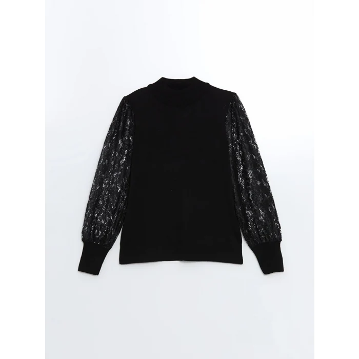 LCWAIKIKI Classic Siyah Yarım Balıkçı Yaka Dantel Detaylı Kadın Triko Kazak