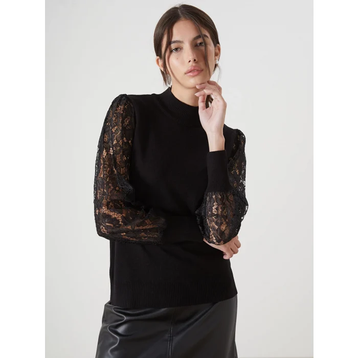LCWAIKIKI Classic Siyah Yarım Balıkçı Yaka Dantel Detaylı Kadın Triko Kazak