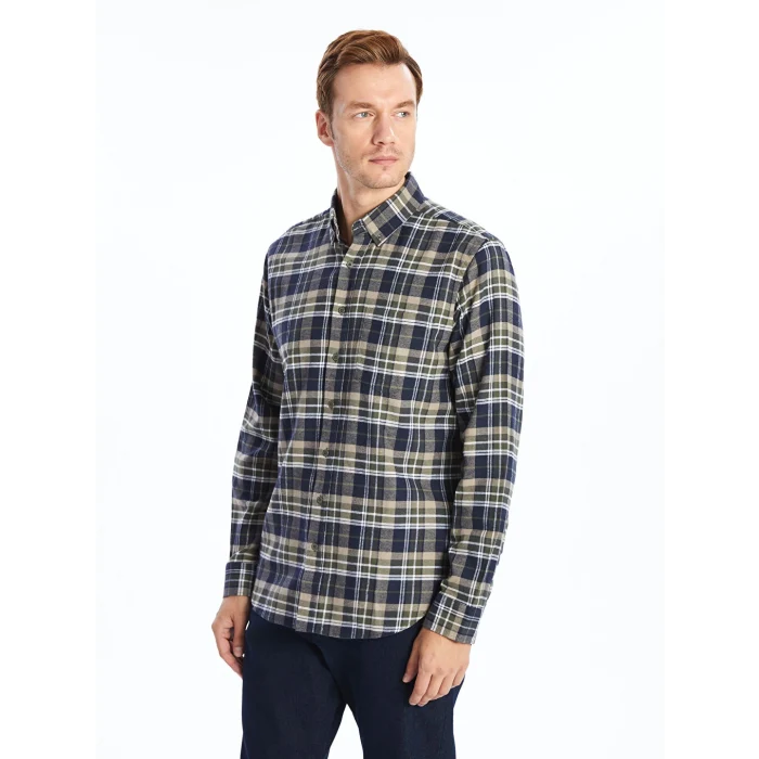LCWAIKIKI Classic Yeşil Regular Fit Uzun Kollu Ekose Gabardin Erkek Gömlek