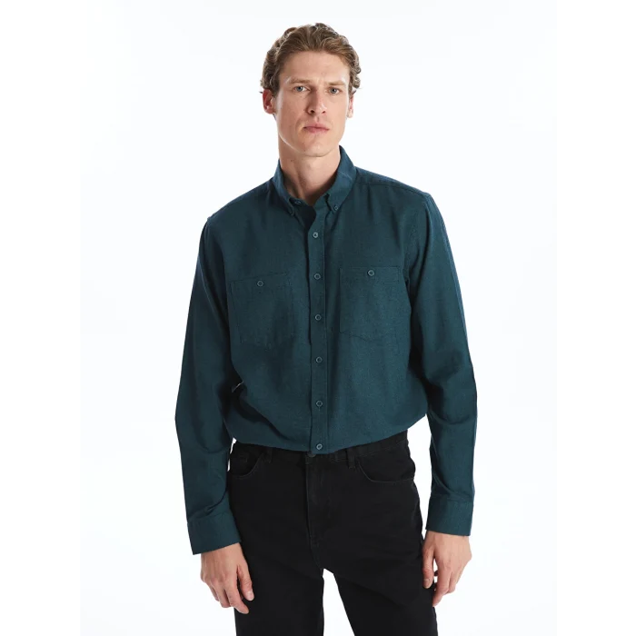 LCWAIKIKI Classic Yeşil Regular Fit Uzun Kollu Gabardin Erkek Gömlek