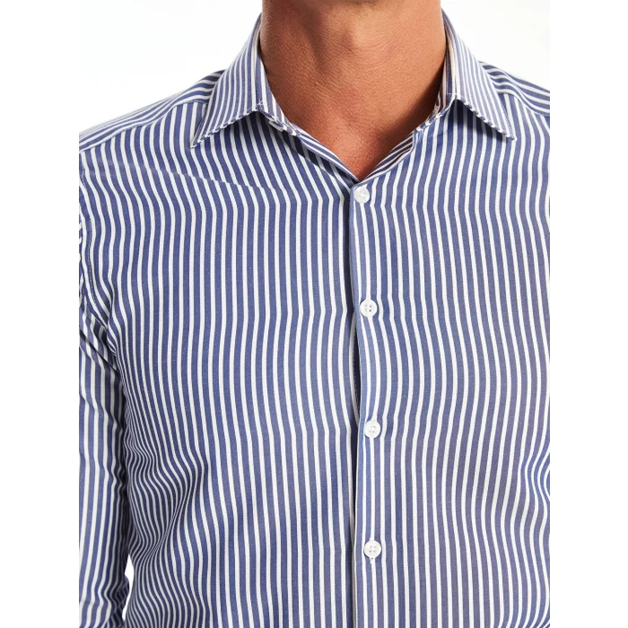 LCWAIKIKI Formal Lacivert Slim Fit Uzun Kollu Çizgili Poplin Erkek Gömlek