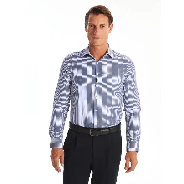 LCWAIKIKI Formal Lacivert Slim Fit Uzun Kollu Çizgili Poplin Erkek Gömlek