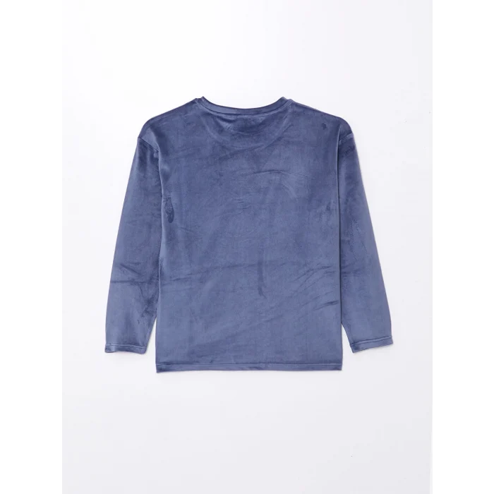 LCW Young Mor H12 Bisiklet Yaka Nakışlı Uzun Kollu Kadife Kadın Pijama Takımı