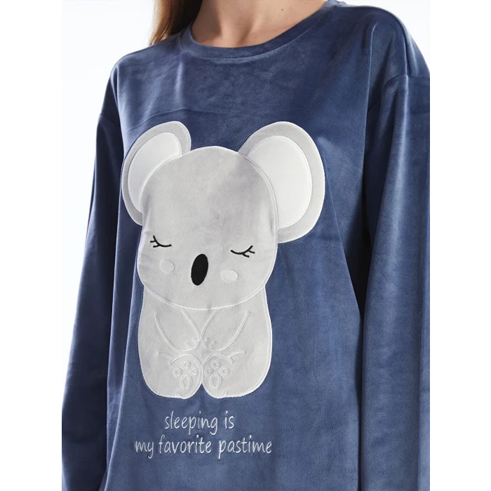 LCW Young Mor H12 Bisiklet Yaka Nakışlı Uzun Kollu Kadife Kadın Pijama Takımı