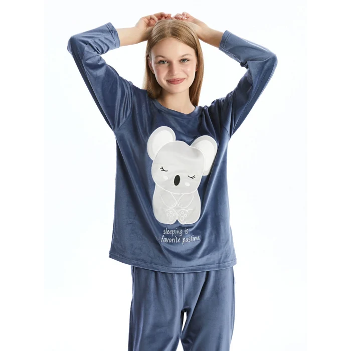 LCW Young Mor H12 Bisiklet Yaka Nakışlı Uzun Kollu Kadife Kadın Pijama Takımı