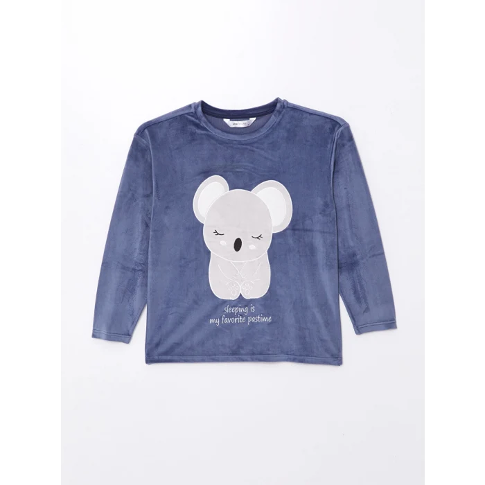 LCW Young Mor H12 Bisiklet Yaka Nakışlı Uzun Kollu Kadife Kadın Pijama Takımı