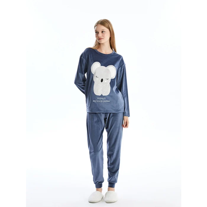 LCW Young Mor H12 Bisiklet Yaka Nakışlı Uzun Kollu Kadife Kadın Pijama Takımı