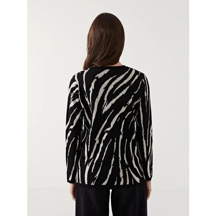 LCW Grace Siyah Bisiklet Yaka Desenli Kadın Triko Kazak