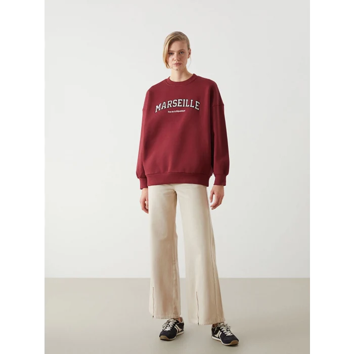 LCW Vision Bordo Bisiklet Yaka Nakışlı Oversize Kadın Kalın Sweatshirt
