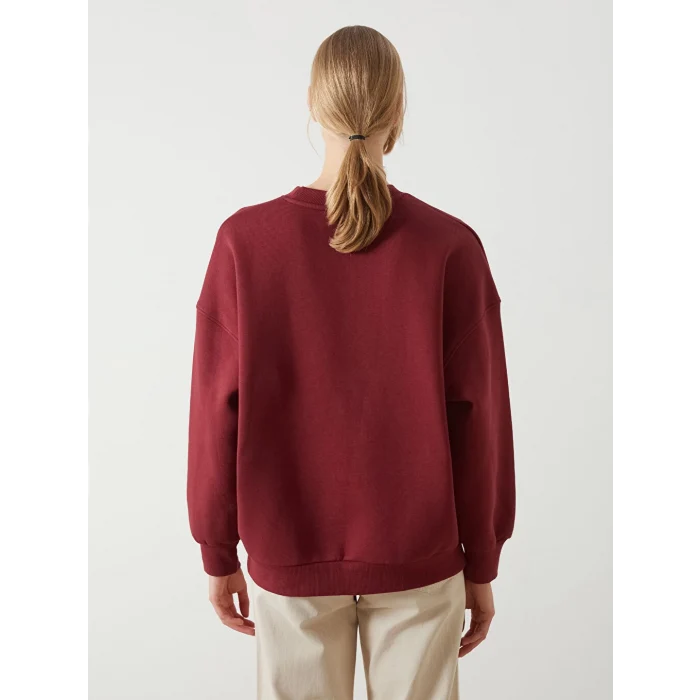 LCW Vision Bordo Bisiklet Yaka Nakışlı Oversize Kadın Kalın Sweatshirt