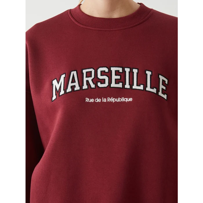 LCW Vision Bordo Bisiklet Yaka Nakışlı Oversize Kadın Kalın Sweatshirt