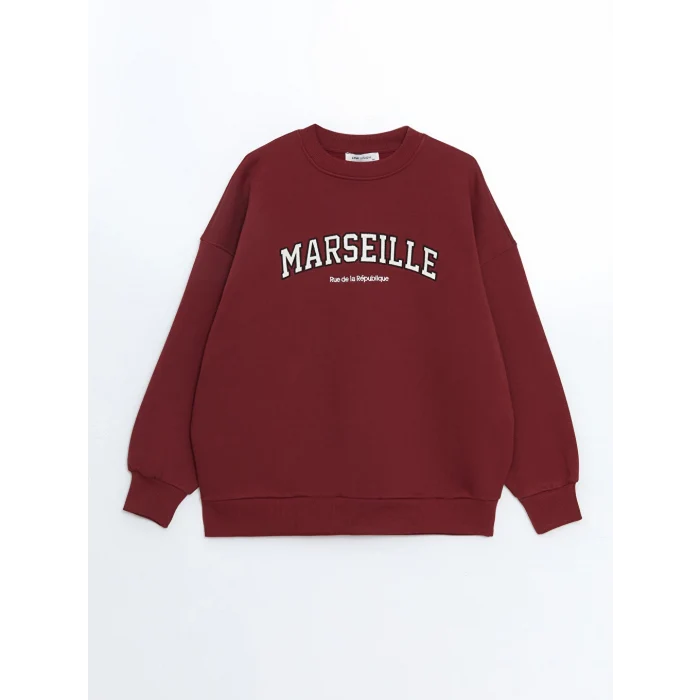 LCW Vision Bordo Bisiklet Yaka Nakışlı Oversize Kadın Kalın Sweatshirt