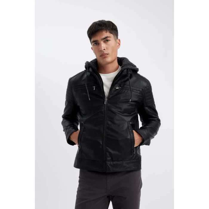 N9693 Kapüşonlu İçi Yumuşak Tüylü Suni Deri Mont