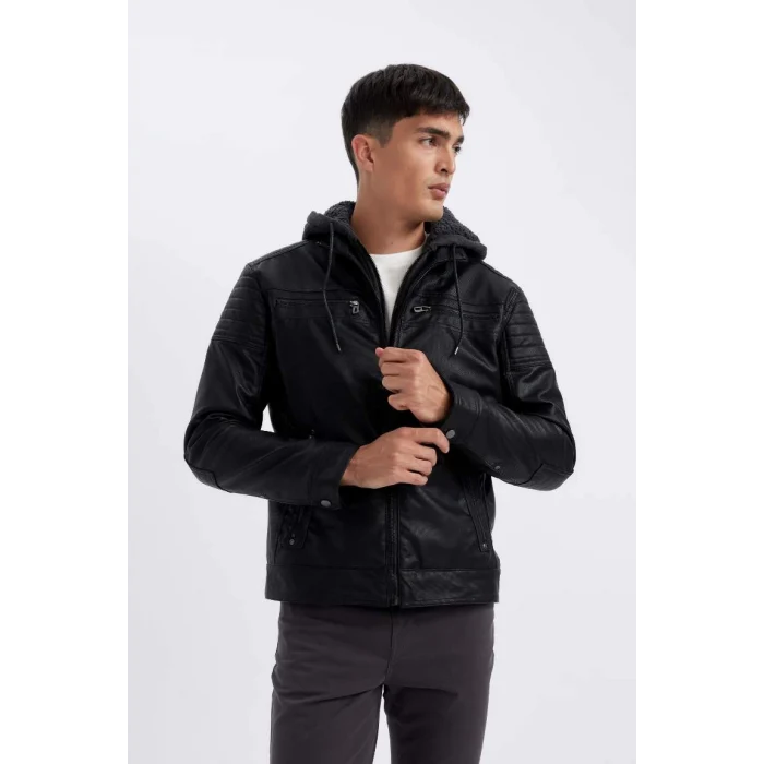 N9693 Kapüşonlu İçi Yumuşak Tüylü Suni Deri Mont