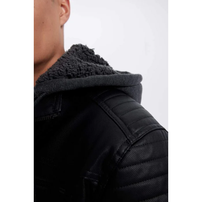 N9693 Kapüşonlu İçi Yumuşak Tüylü Suni Deri Mont