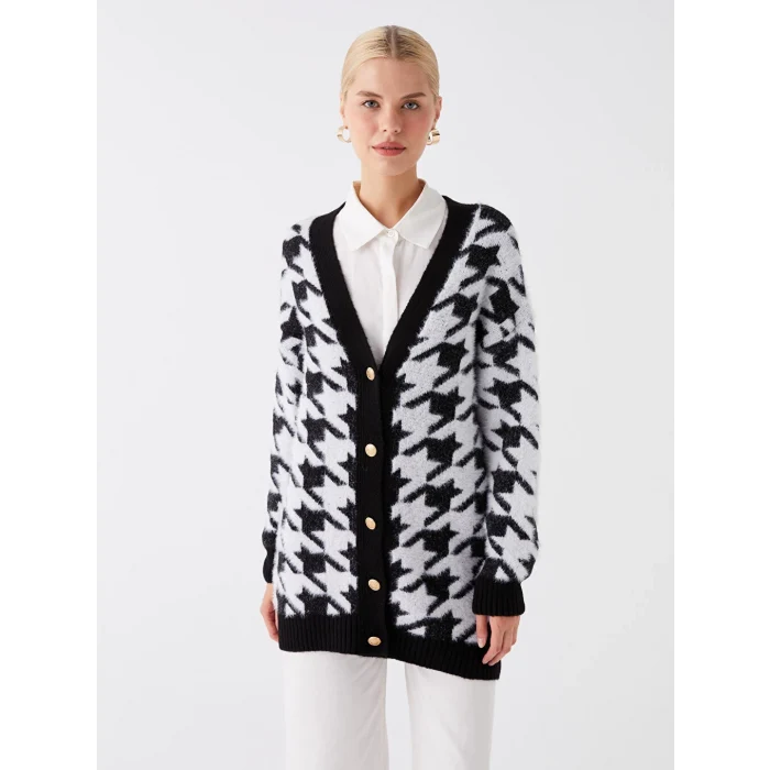 LCW Modest Siyah V Yaka Desenli Kadın Triko Hırka