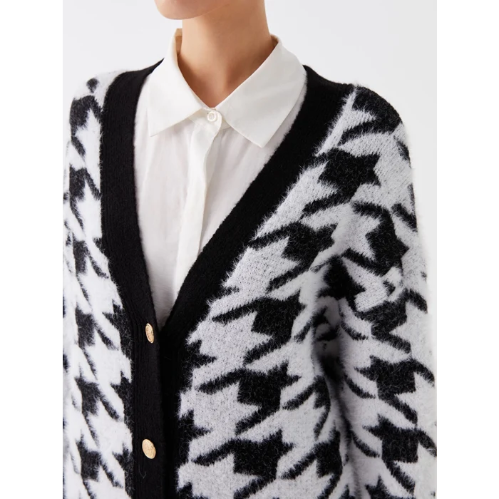 LCW Modest Siyah V Yaka Desenli Kadın Triko Hırka