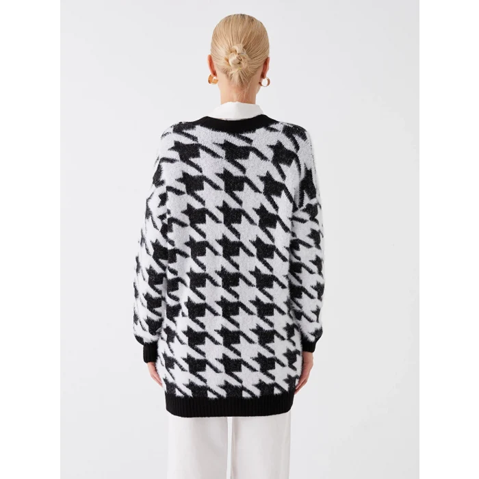 LCW Modest Siyah V Yaka Desenli Kadın Triko Hırka