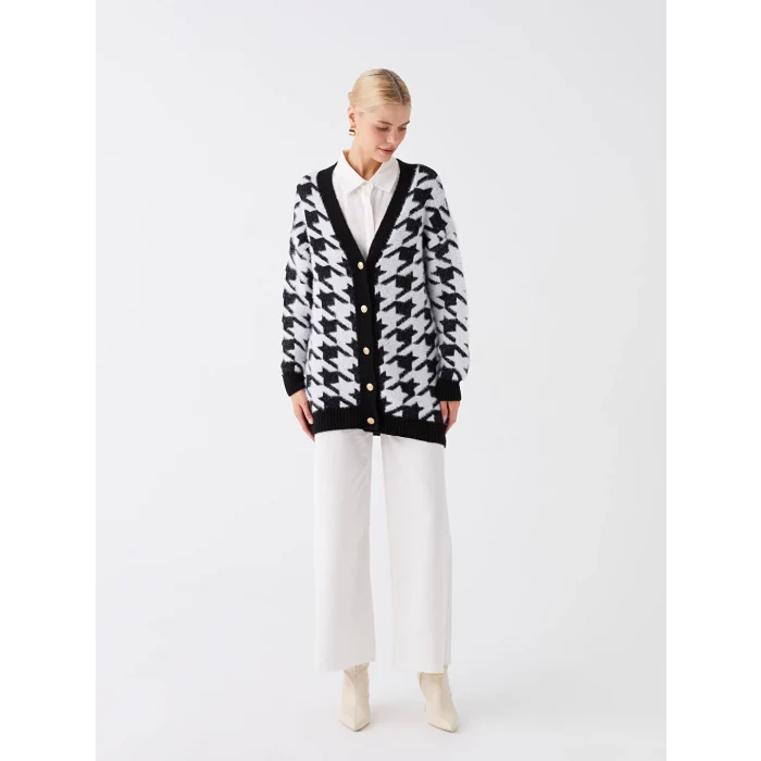 LCW Modest Siyah V Yaka Desenli Kadın Triko Hırka