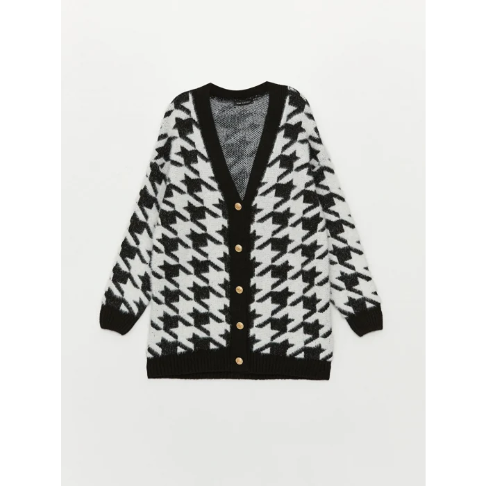 LCW Modest Siyah V Yaka Desenli Kadın Triko Hırka