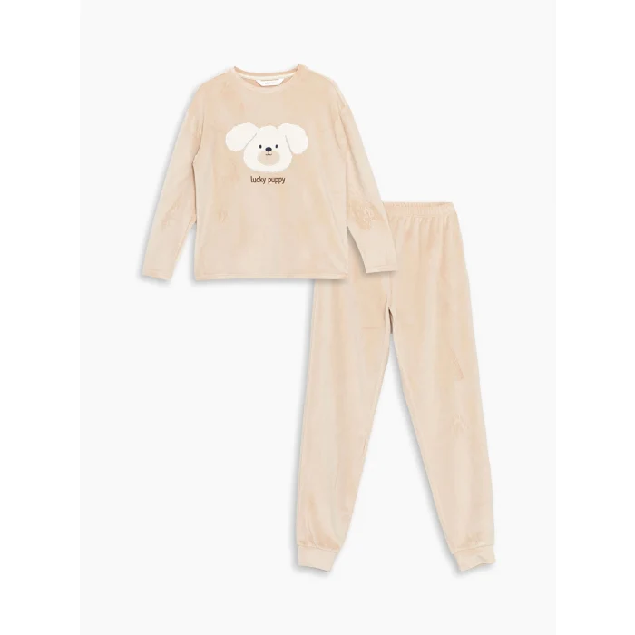 LCW Young Bej Bisiklet Yaka Nakışlı Kadın Kadife Pijama Takımı