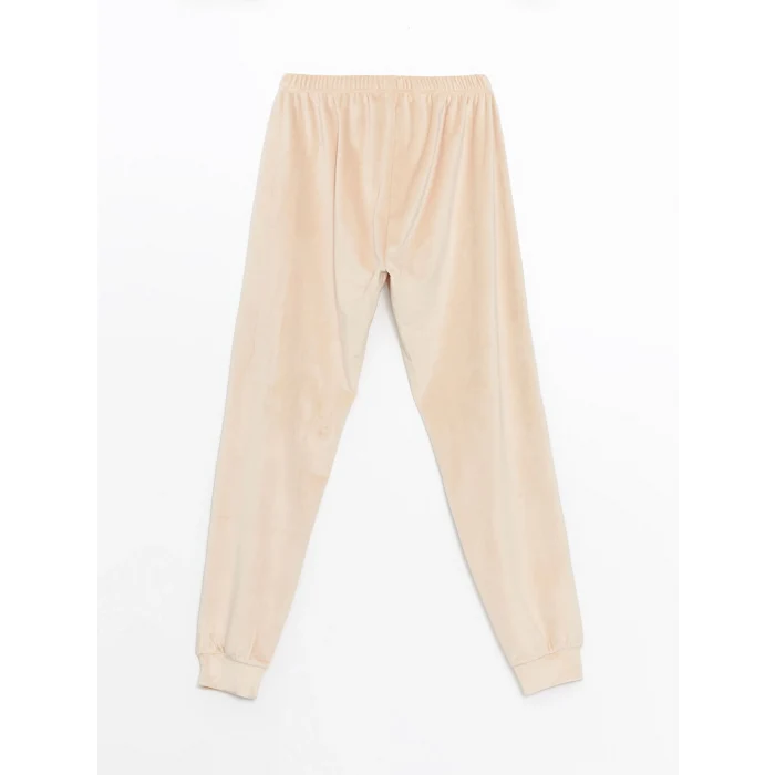 LCW Young Bej Bisiklet Yaka Nakışlı Kadın Kadife Pijama Takımı