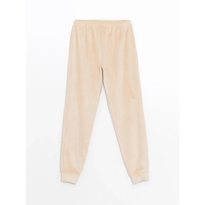 LCW Young Bej Bisiklet Yaka Nakışlı Kadın Kadife Pijama Takımı