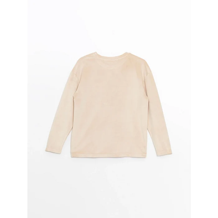 LCW Young Bej Bisiklet Yaka Nakışlı Kadın Kadife Pijama Takımı