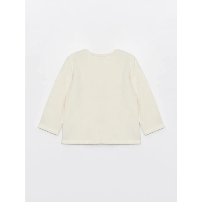 LCW baby Ekru Bisiklet Yaka Uzun Kollu Nakışlı Kadife Kız Bebek Pijama Takımı