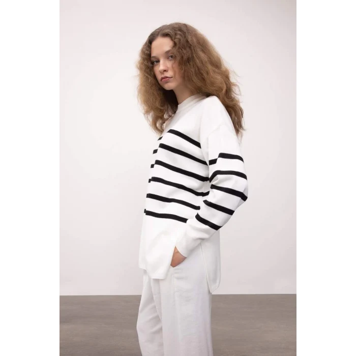 S7517 Relax Fit Çizgili Triko Tunik Kazak