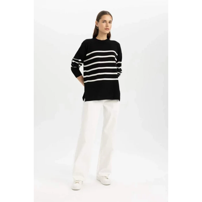 S7517 Relax Fit Yumuşak Dokulu Çizgili Bisiklet Yaka Kazak Tunik