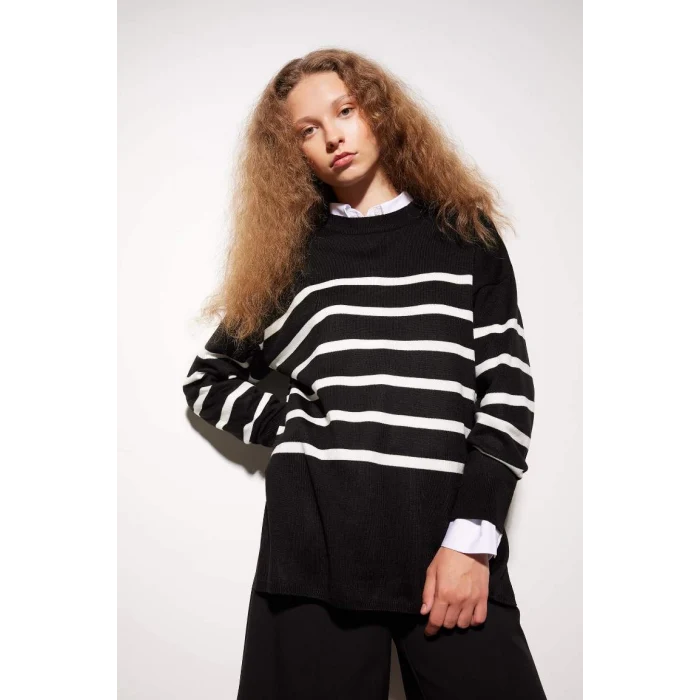 S7517 Relax Fit Yumuşak Dokulu Çizgili Bisiklet Yaka Kazak Tunik