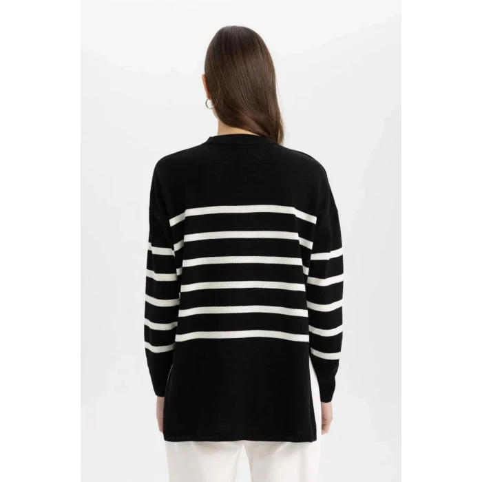 S7517 Relax Fit Yumuşak Dokulu Çizgili Bisiklet Yaka Kazak Tunik