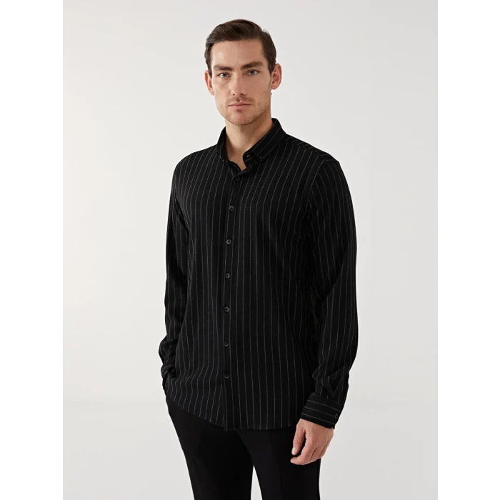 SOUTHBLUE Siyah Slim Fit Uzun Kollu Çizgili Erkek Gömlek