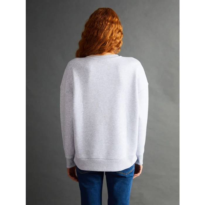 LCW Vision Gri Bisiklet Yaka Nakışlı Oversize Kadın Kalın Sweatshirt